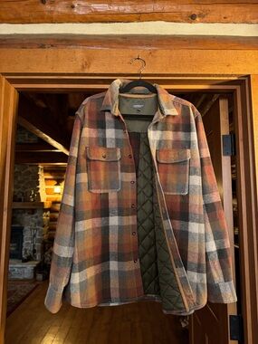 Quilt-Lined Plaid Shirt Jacket in Rust Multi